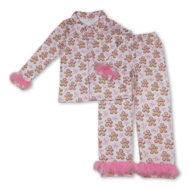 RTS NO MOQ Sibling Adult Women Bows Gingerbread Button Top Pants Christmas Fur Pajamas Set