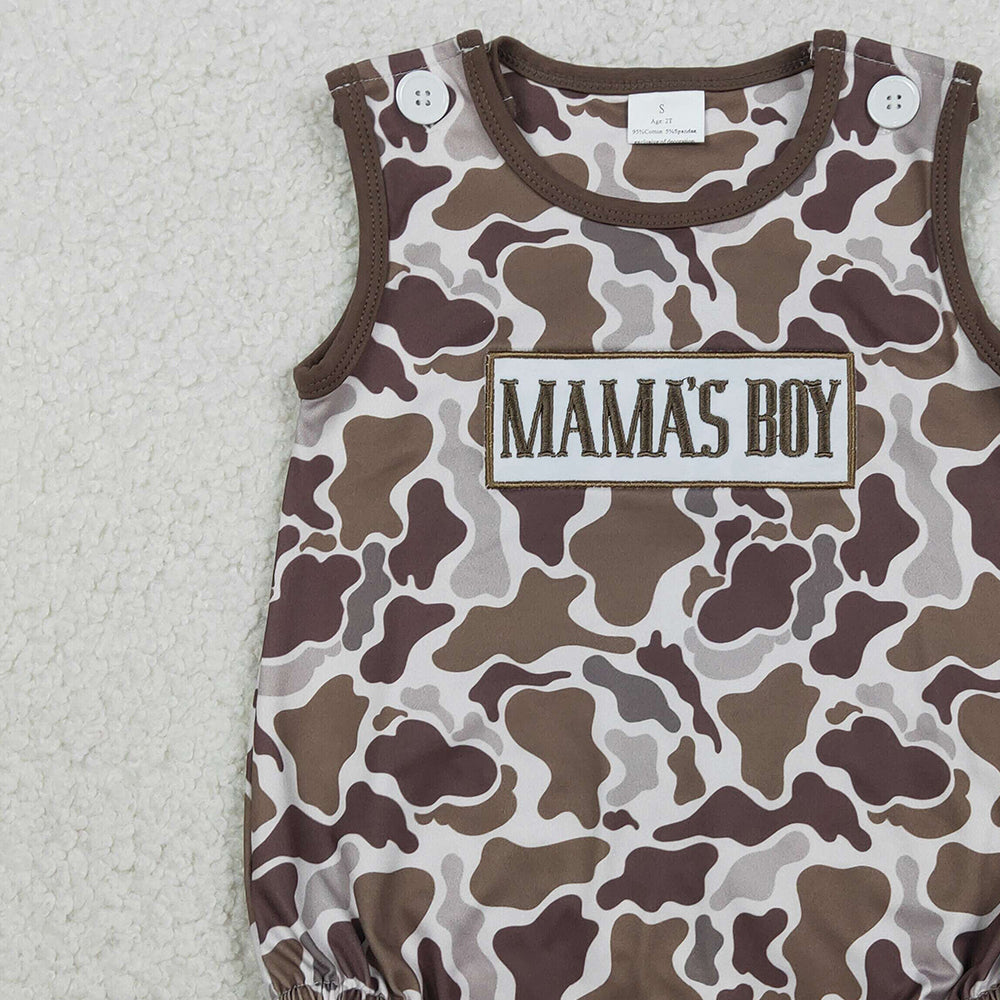 RTS NO MOQ SR3889 Southern Brown Camo Sleeveless Rompers for Baby Boys Embroidery 'Mama's Boy'