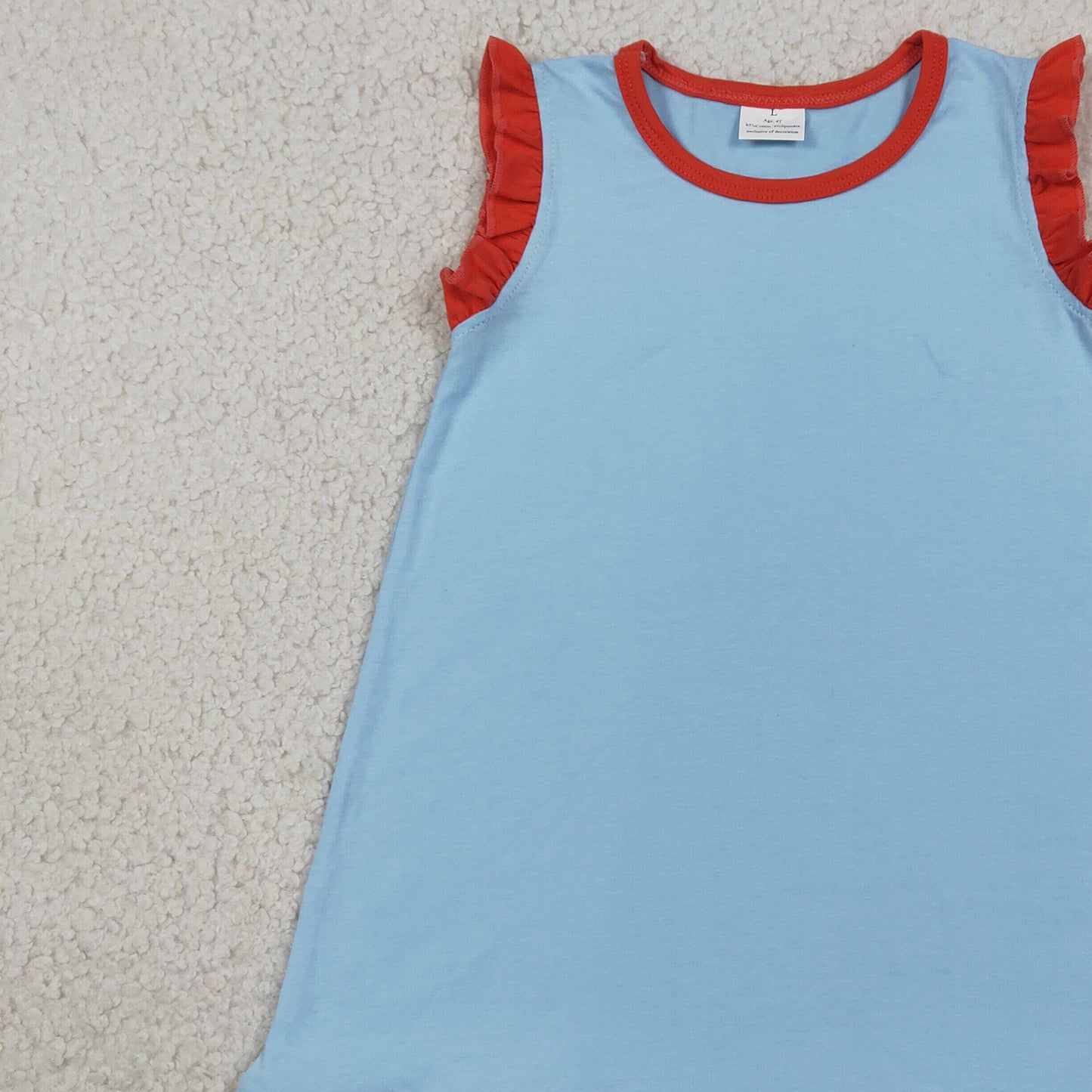 RTS NO MOQ cotton GSD4054 Baby Girls Blue Red Two Tone Sleeveless Dress With Scallop Edge