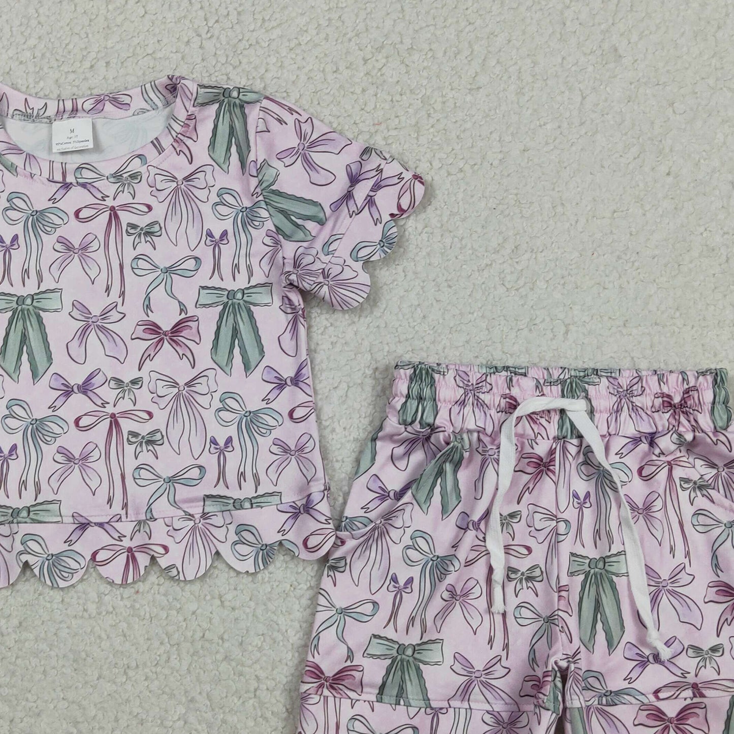 RTS NO MOQ milk silk GSSO3409 Baby Girls Pink Green Bow Short Sleeve Scallop Pocket Shorts Set