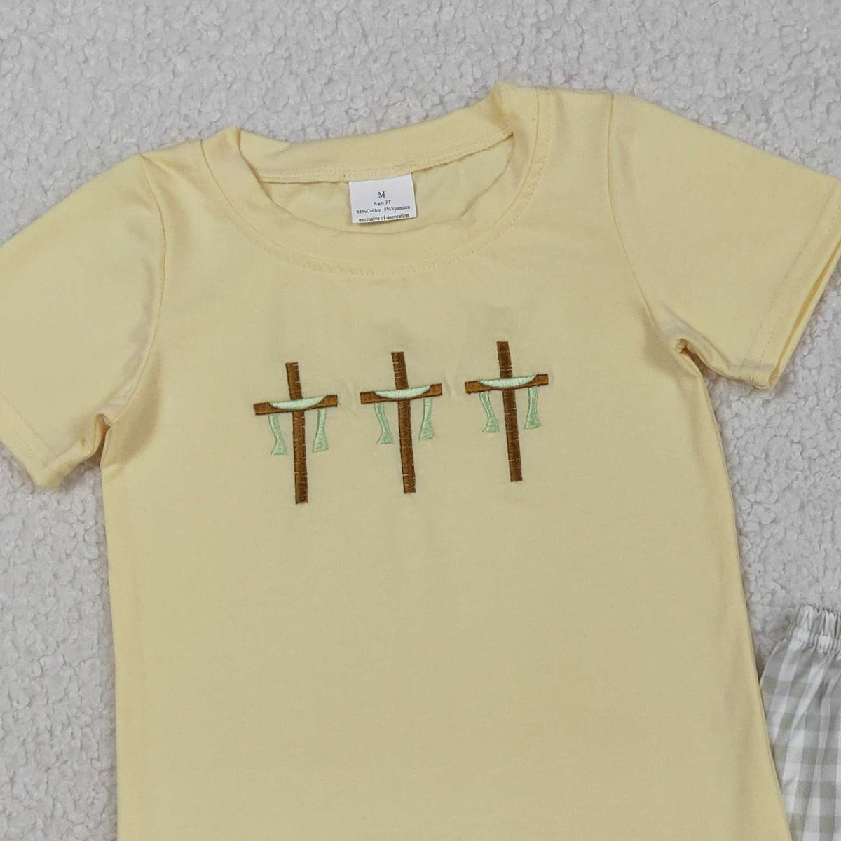 RTS NO MOQ BSSO1717 Embroidery Baby Boys Easter Outfit Crosses Top with Checked Shorts Cute Clothing