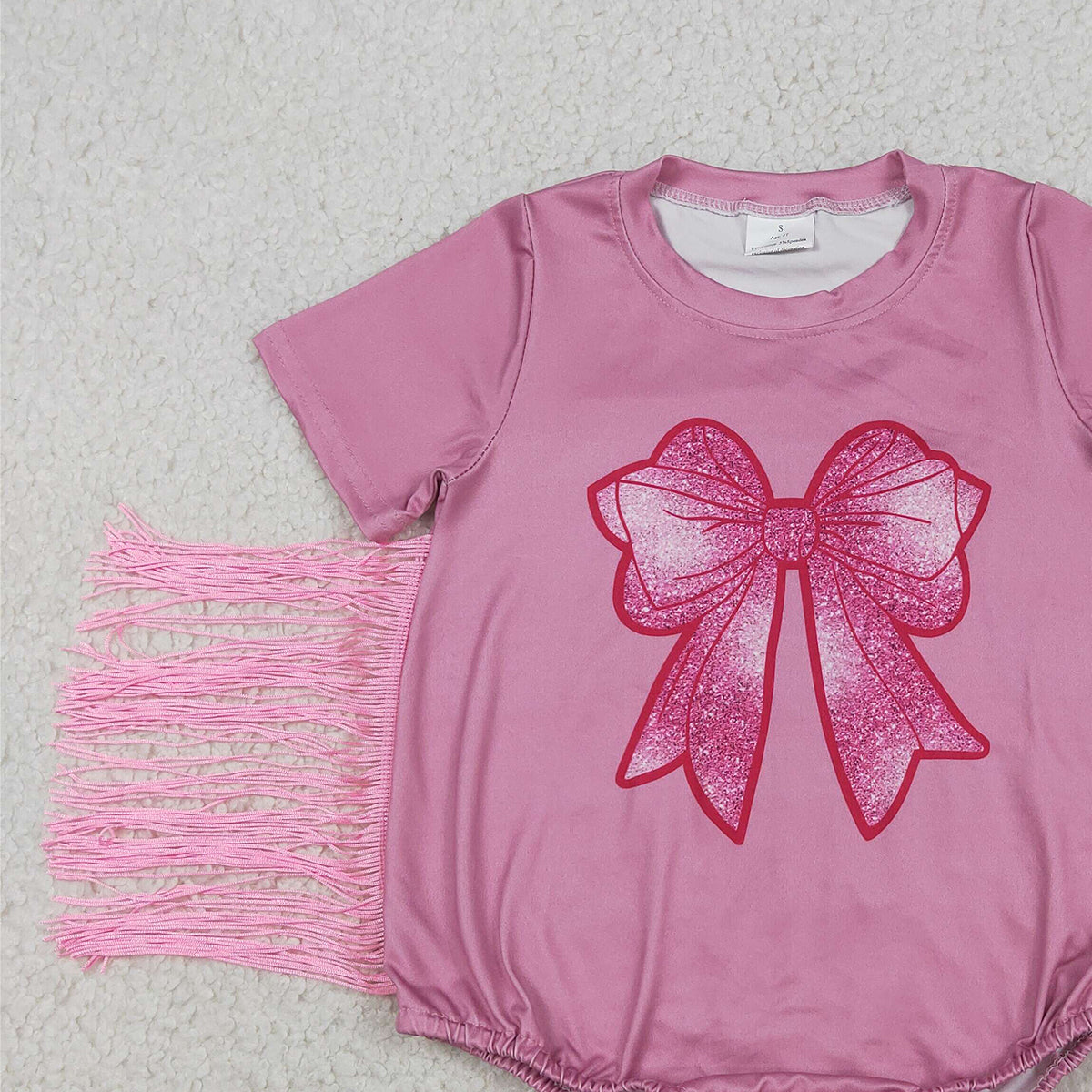 RTS NO MOQ SR3187 Baby Girls Pink Rompers Short Sleeves Bow Print Tassel Ruffle Cute Baby Girl Outfit