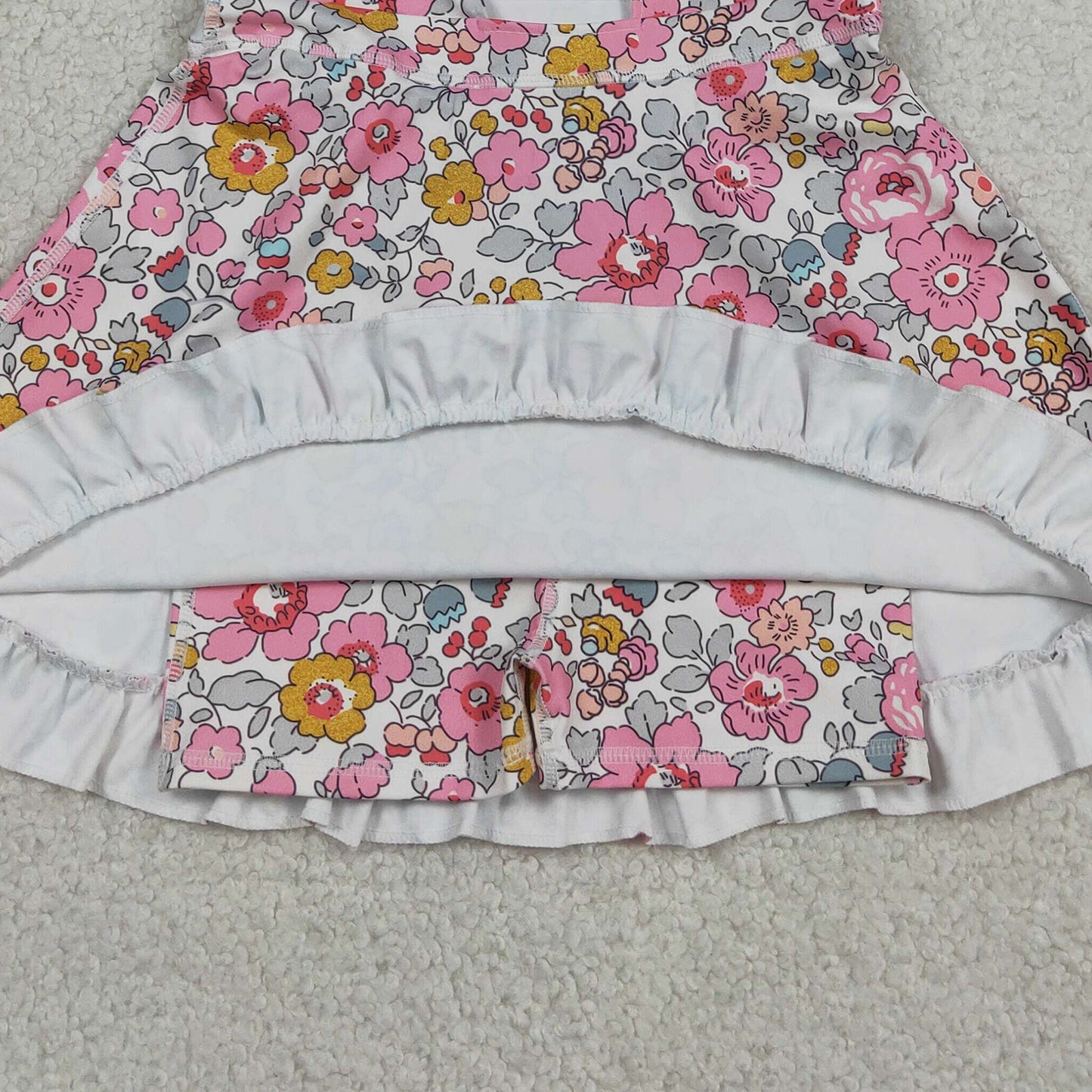 RTS NO MOQ yoga fabric GSD2278 Baby Girls Pink Strap Colorful Floral  Active Ruffle Knee Length Dresses