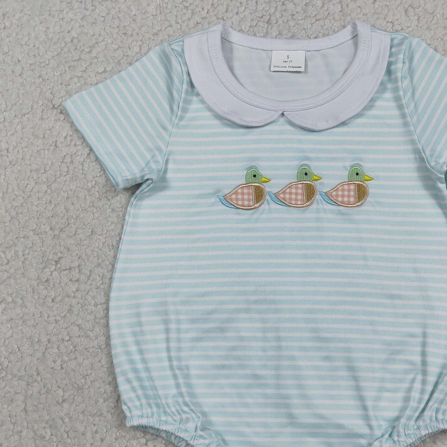 RTS NO MOQ SR4081 Baby Boys Hunting Stripe Duck Embroidery Collared Rompers