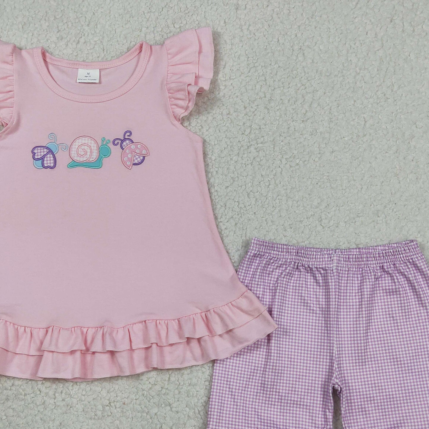 RTS NO MOQ GSSO3305 Baby Girls Embroidery Ladybugs Snails Ruffle Tunic Shorts Clothes Sets