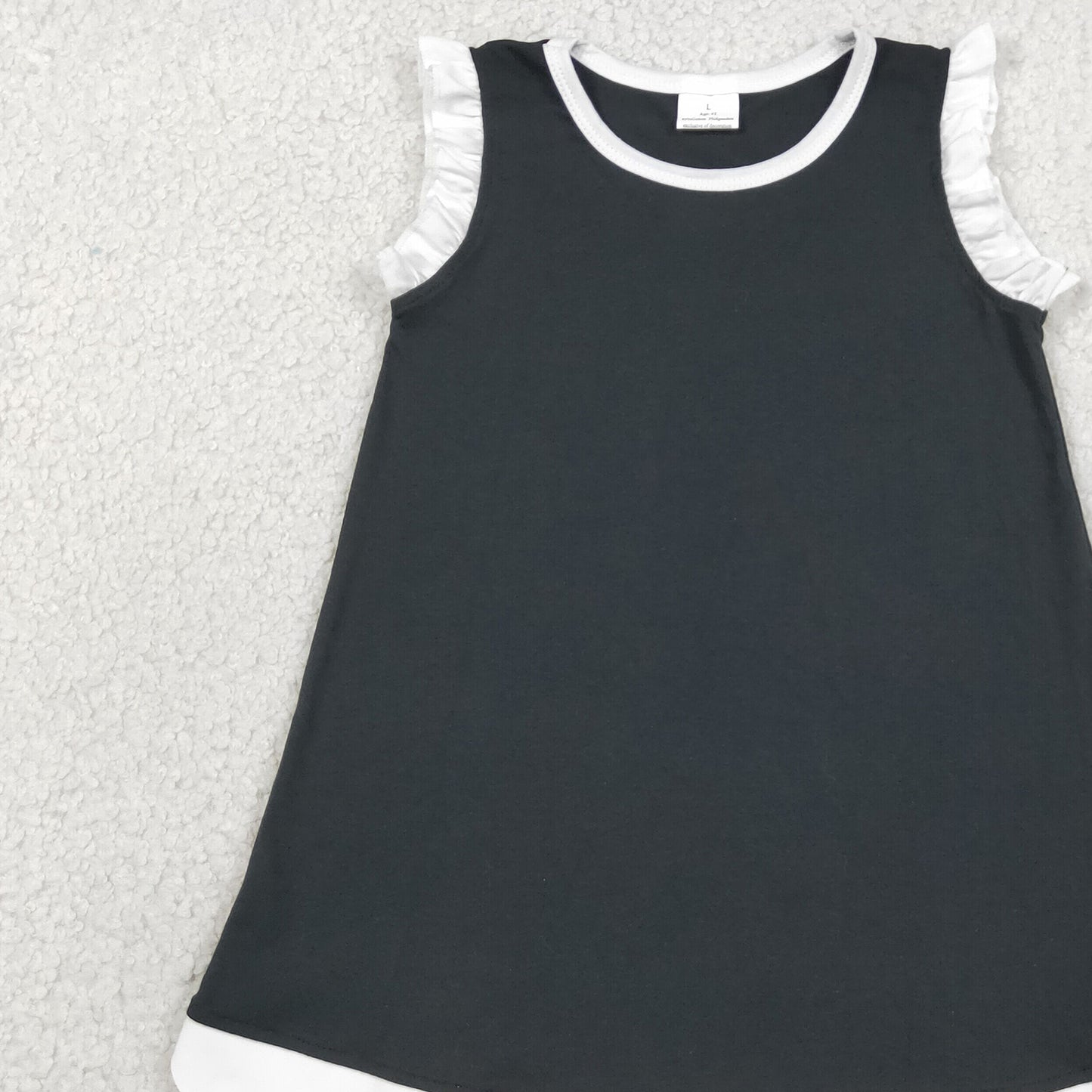 RTS NO MOQ cotton GSD4059 Baby Girls Black White Sleeveless Scallop Knee Length Dress