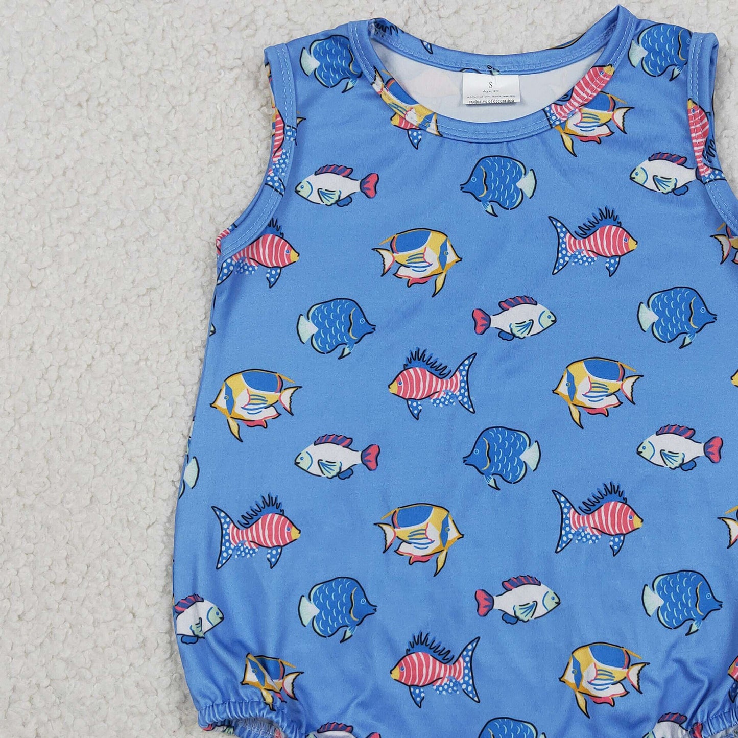 RTS NO MOQ milk silk SR4151  Baby Boys Cute Sleeveless Red Blue Fishes 4th of July Romper