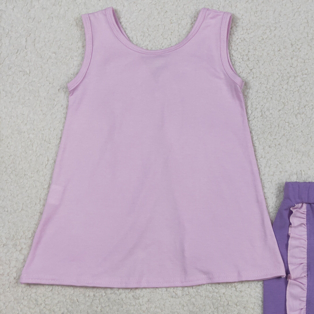 RTS NO MOQ GSSO3461 Baby Girls Lavender Sleeveless Tunic with Back Bows Ruffle Shorts Outfit Set Cute Baby Girl Clothing Set