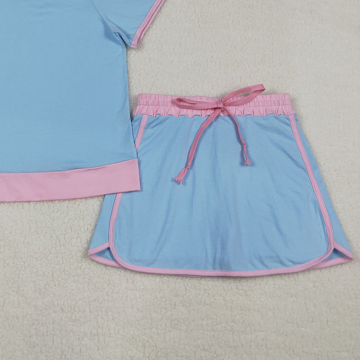 RTS NO MOQ Adult Women Blue Short Sleeve Top Skirt Shorts Cotton Clothes Set