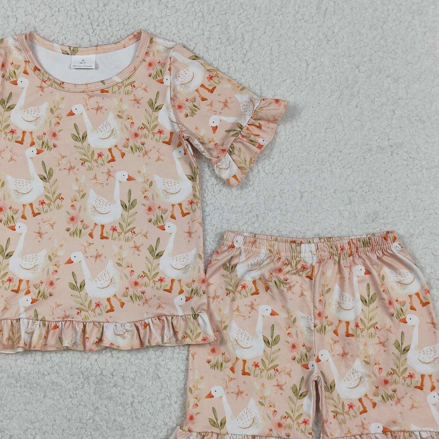 RTS NO MOQ GSSO3329 Baby Girls Cute  Flowers Goose Top Ruffle Shorts Pajamas Set