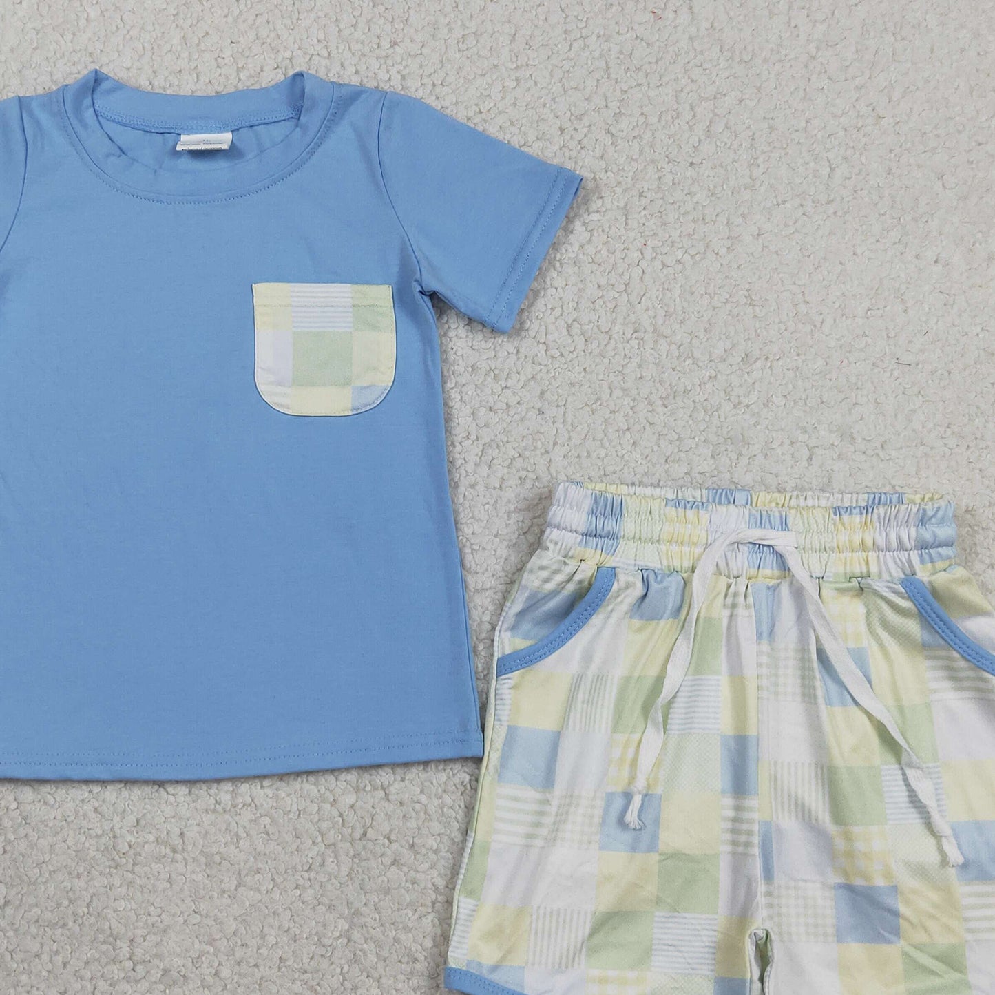 RTS NO MOQ milk silk BSSO1950 Baby Boys Casual Light Blue Checked Short Sleeve Shirt With Pockets Shorts Outfit