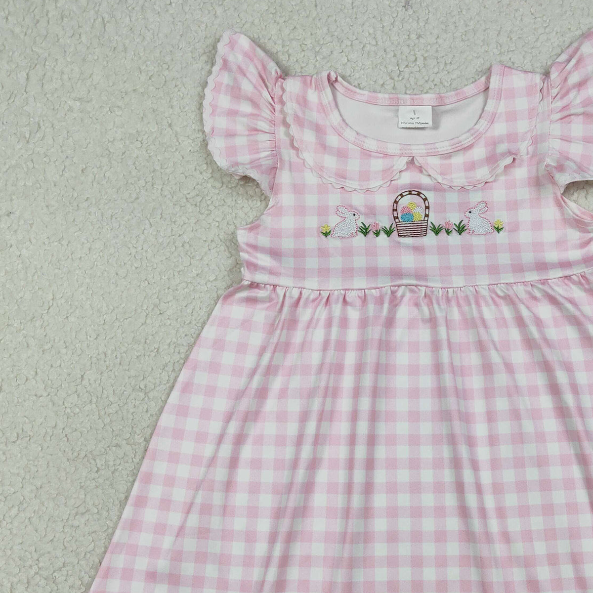 RTS NO MOQ GSD2913 Baby Girls Pink Checked Knee-Length Dress Embroidered Rabbits And Eggs Easter Casual Wear