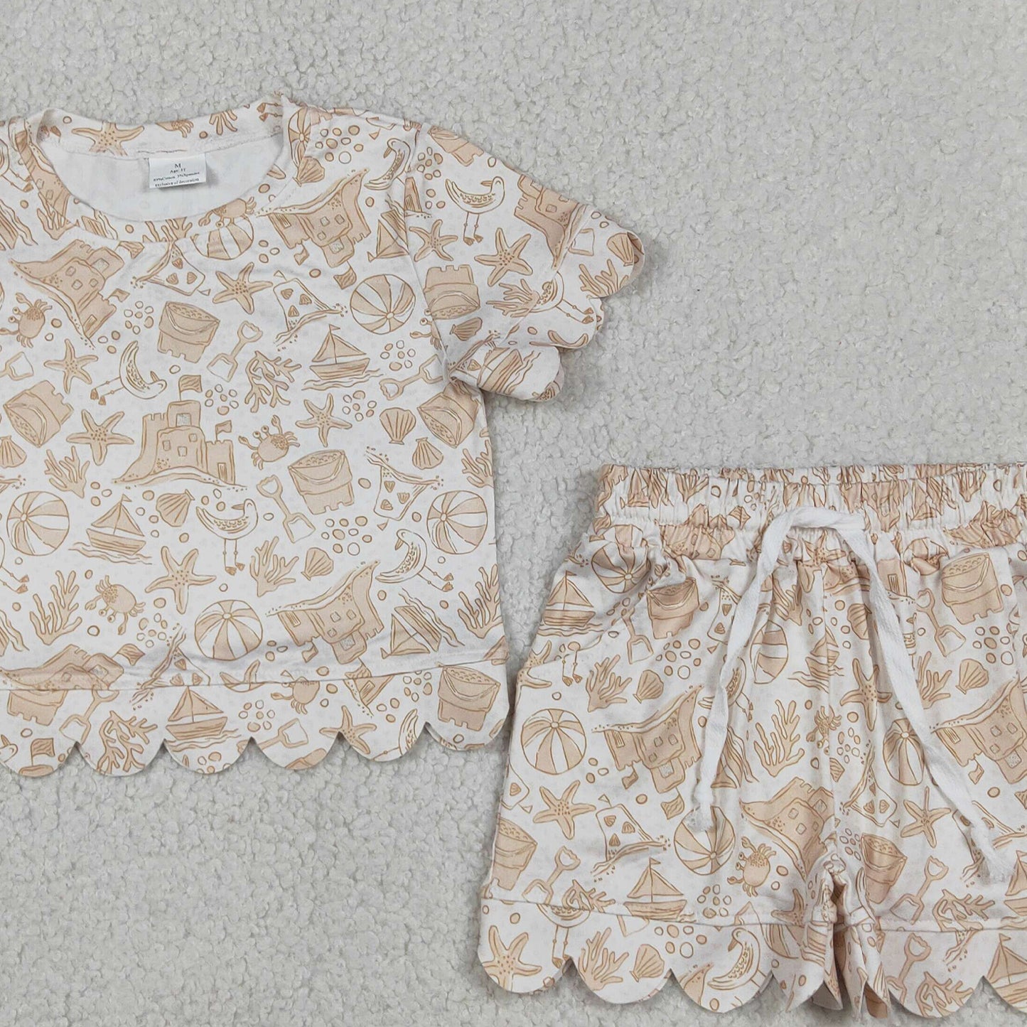 RTS NO MOQ milk silk GSSO3728 Baby Girls Starfish Beach Print Top Scallop Shorts Summer Casual Set
