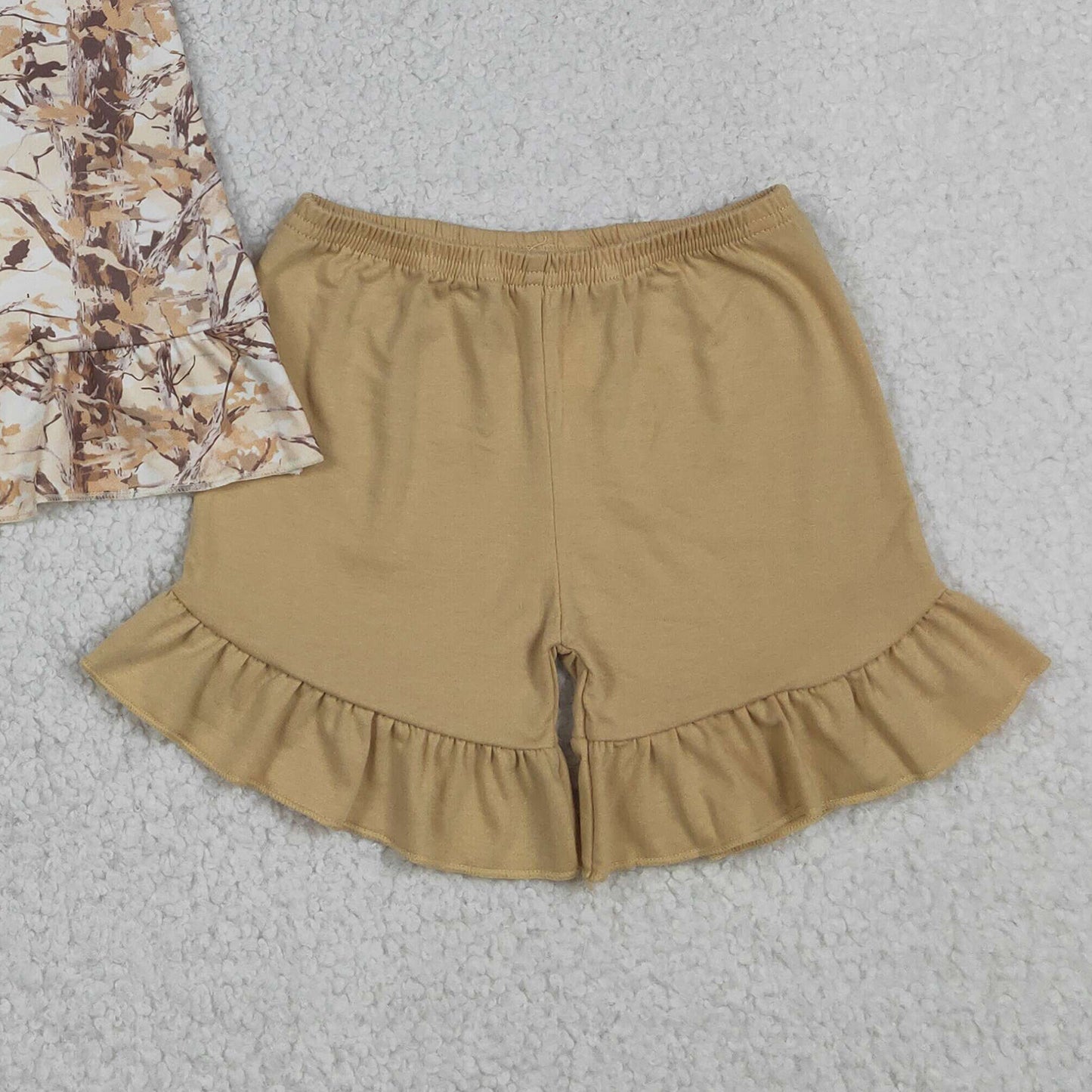 RTS NO MOQ milk silk GSSO3467 Baby Girls Sleeveless Leaves Camouflage Tunic Top with Ruffle Shorts Outfit Set