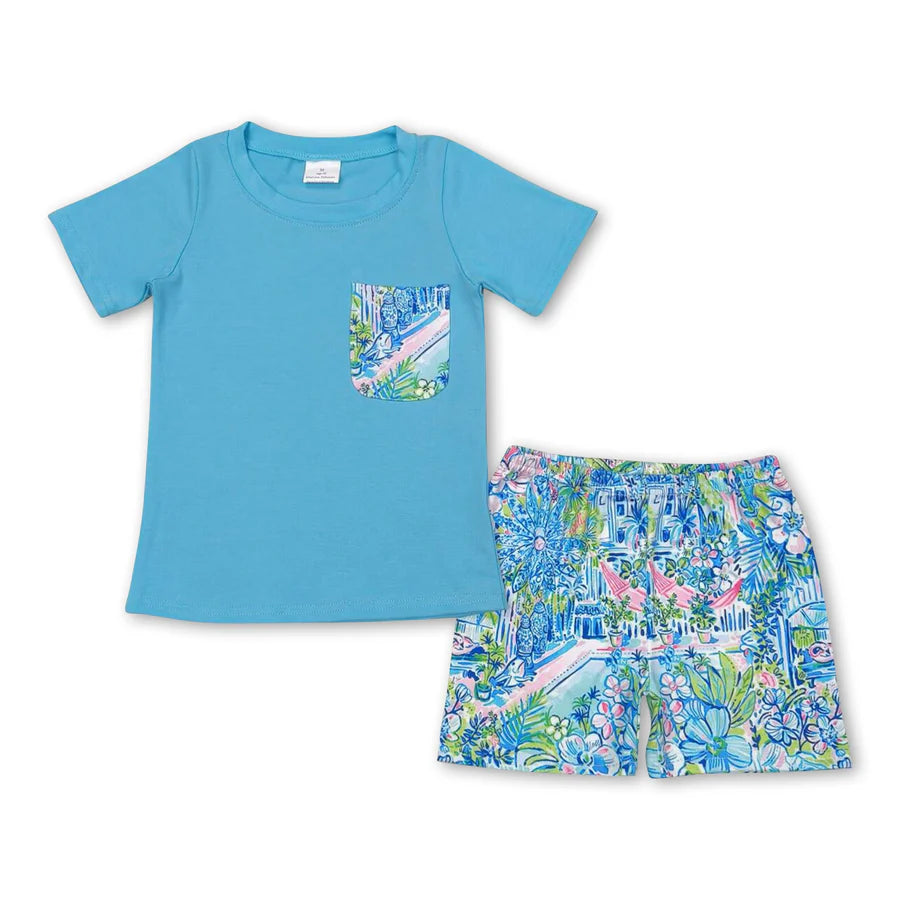 RTS NO MOQ Sibling Baby Boys Blue Short Sleeve Tee Shirts Tops Turtle Shorts Clothes Sets