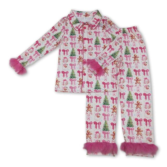 RTS NO MOQ Sibling Adult Women Bows Gingerbread Button Top Pants Christmas Fur Pajamas Set