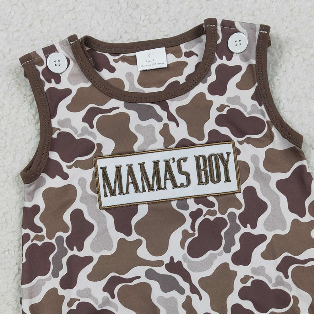 RTS NO MOQ SR3889 Southern Brown Camo Sleeveless Rompers for Baby Boys Embroidery 'Mama's Boy'