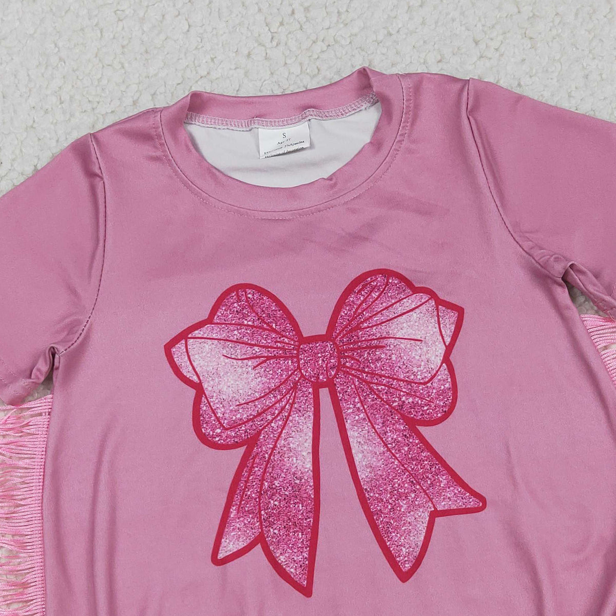 RTS NO MOQ SR3187 Baby Girls Pink Rompers Short Sleeves Bow Print Tassel Ruffle Cute Baby Girl Outfit