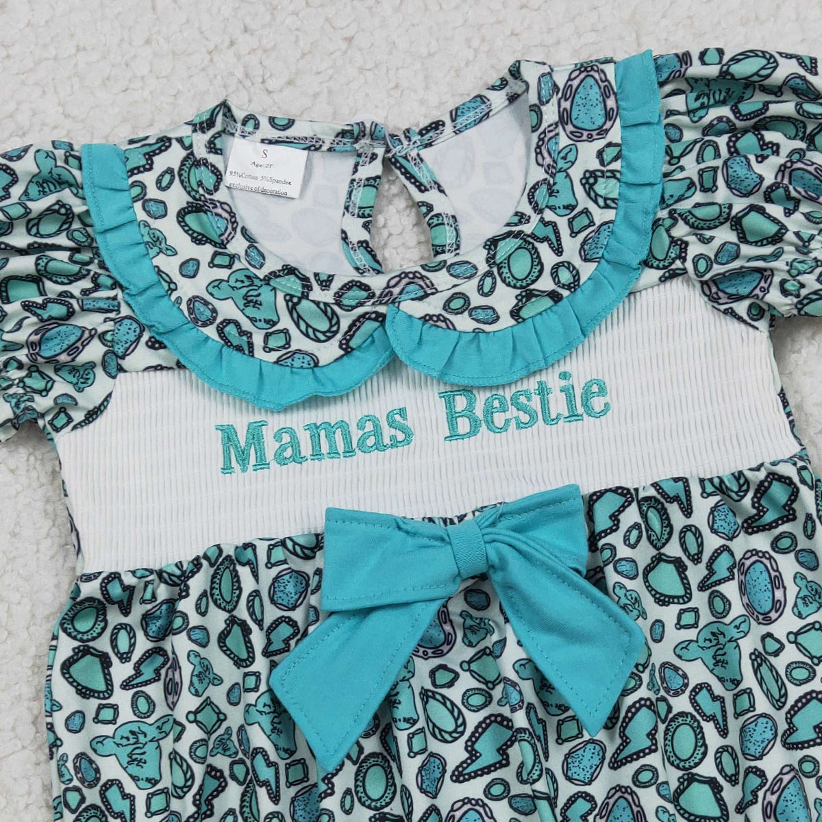 RTS NO MOQ SR3863 Smocked Mama's Bestie Baby Girls Collar Western Ruffle Rompers Cute Baby Outfit Summer Clothes for Infants