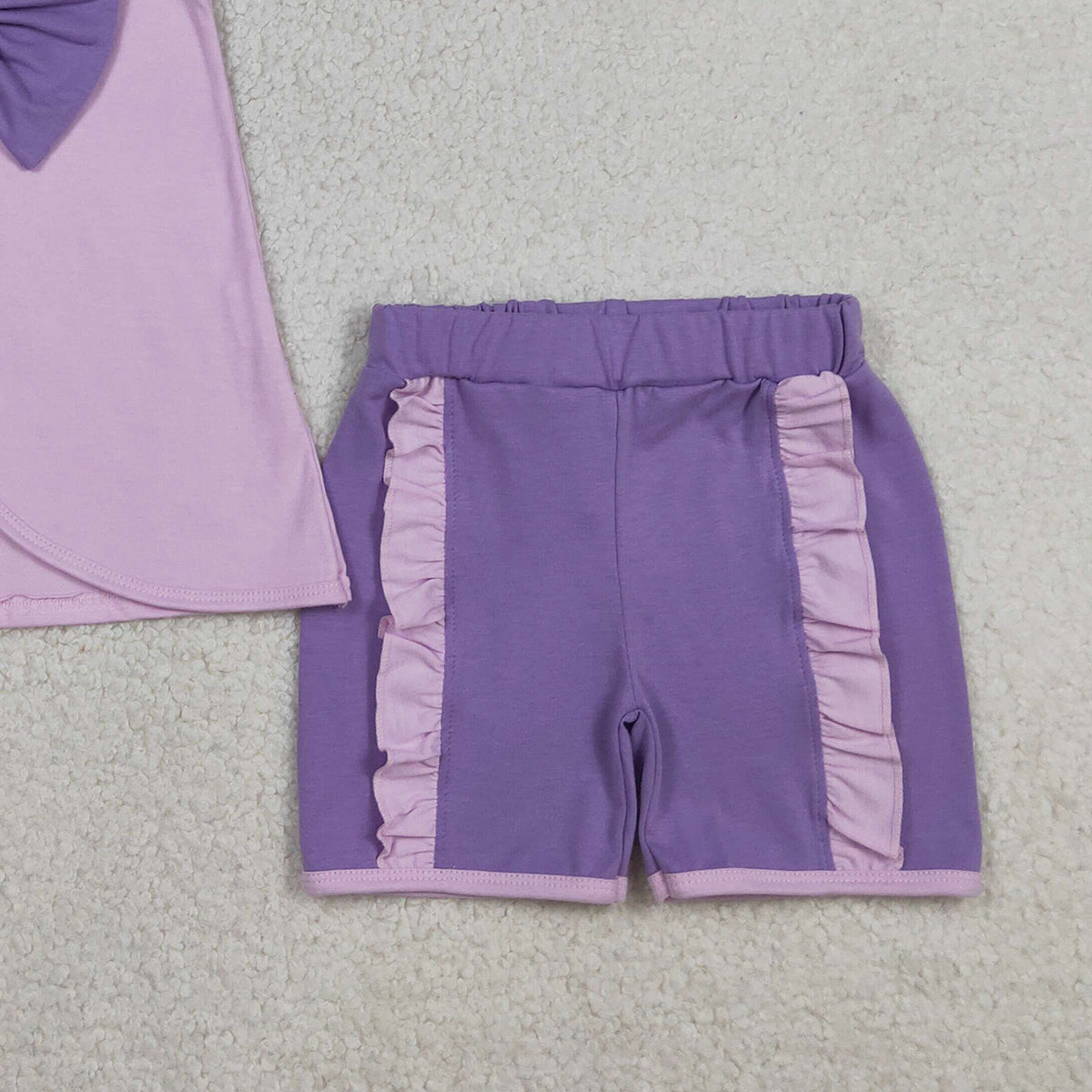 RTS NO MOQ GSSO3461 Baby Girls Lavender Sleeveless Tunic with Back Bows Ruffle Shorts Outfit Set Cute Baby Girl Clothing Set