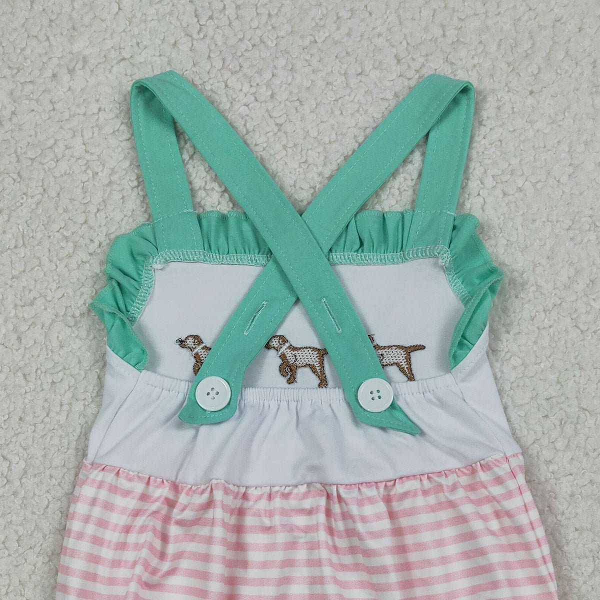RTS NO MOQ SR3558 Baby Girls Pink Stripe Hunting Rompers with Embroidery Dogs Strap Cute Baby Rompers