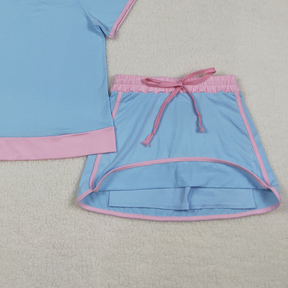 RTS NO MOQ GSD3674 Women's Blue Cotton Short Sleeve Top Skirt Shorts Set