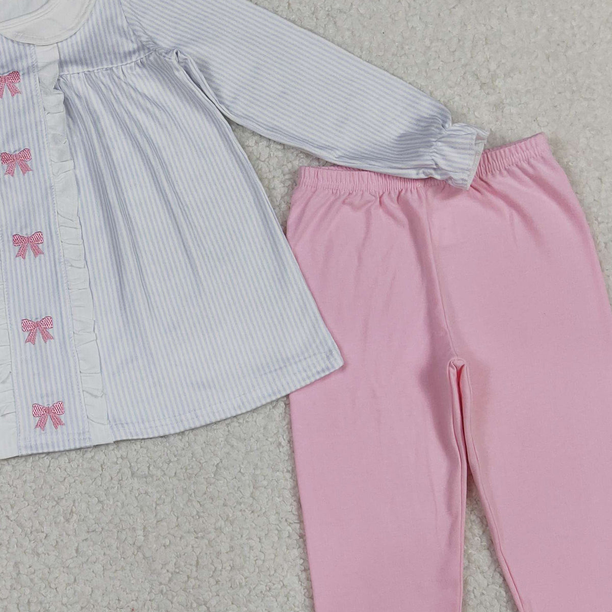 RTS NO MOQ GLP2909 Baby Girls Embroidery Bows Stripe Collar Tunic Leggings Outfit Set Cute Clothing for Infants