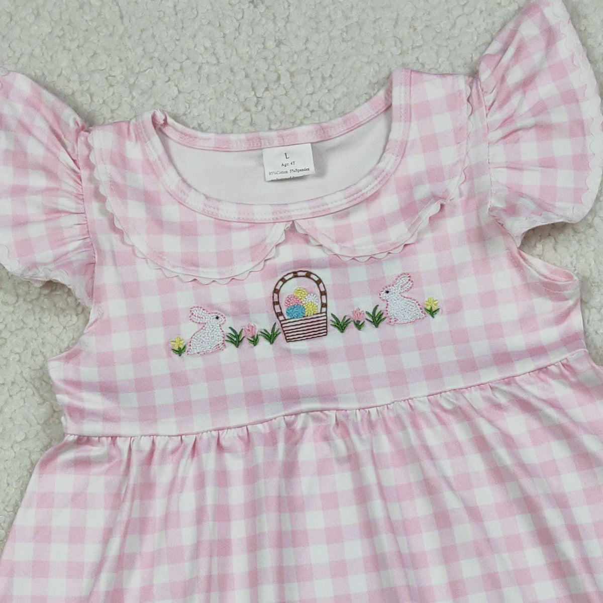RTS NO MOQ GSD2913 Baby Girls Pink Checked Knee-Length Dress Embroidered Rabbits And Eggs Easter Casual Wear