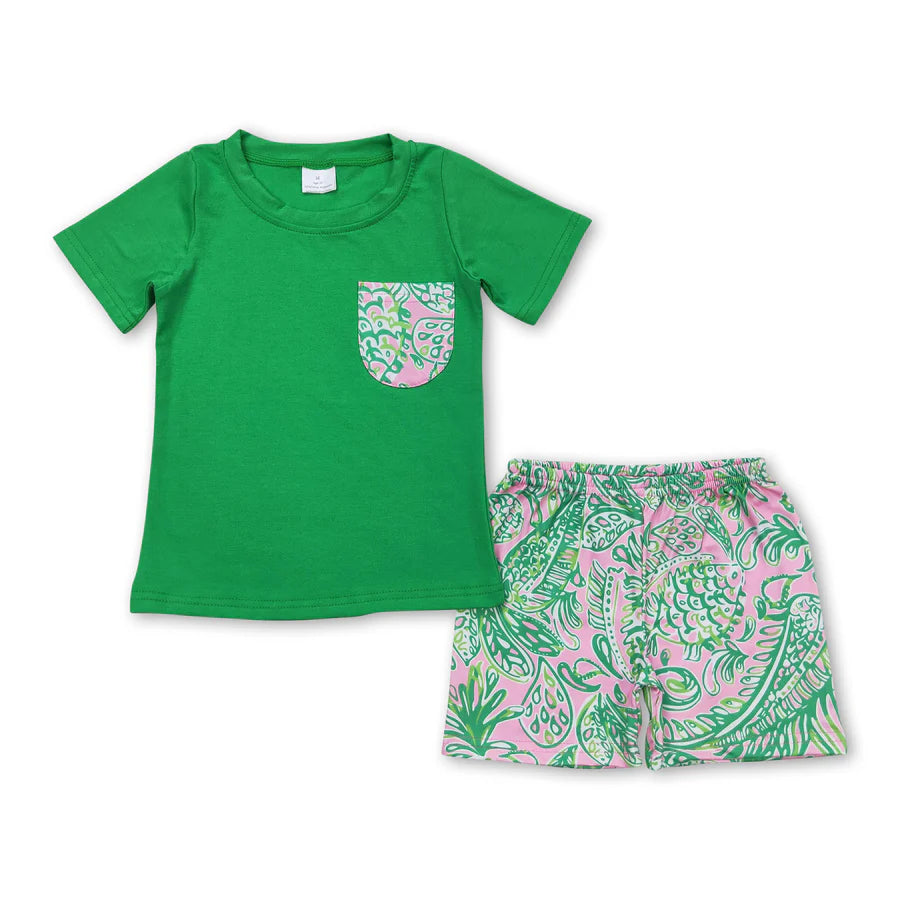RTS NO MOQ Sibling Baby Boys Blue Short Sleeve Tee Shirts Tops Turtle Shorts Clothes Sets