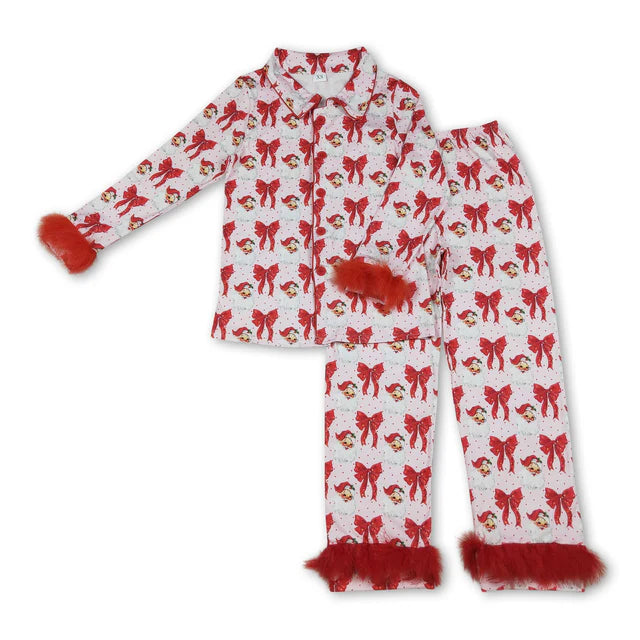 RTS NO MOQ Sibling Adult Women Bows Gingerbread Button Top Pants Christmas Fur Pajamas Set