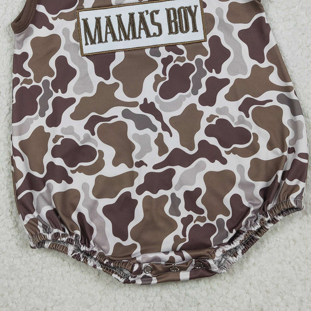 RTS NO MOQ SR3889 Southern Brown Camo Sleeveless Rompers for Baby Boys Embroidery 'Mama's Boy'