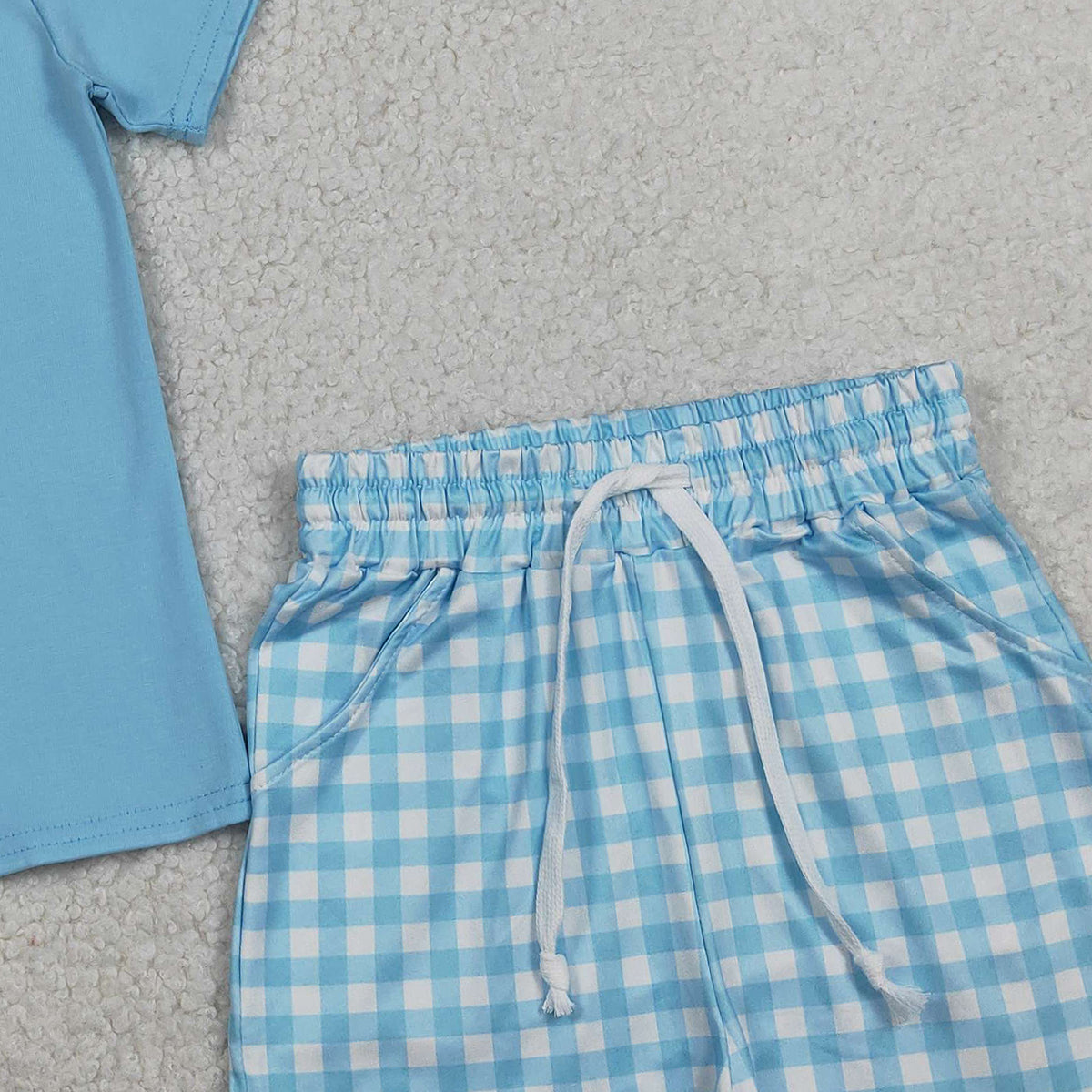RTS NO MOQ BSSO1883  Baby Boys Blue Checked Shirt with Short Sleeves And Shorts with Pockets Clothing Set