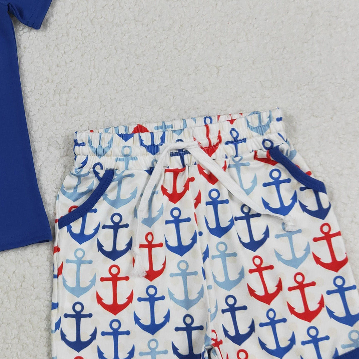 RTS NO MOQ BSSO1874 Baby Boys Hot Blue Short Sleeve Shirt Top with Boats Fishing Pocket Shorts Clothing Set