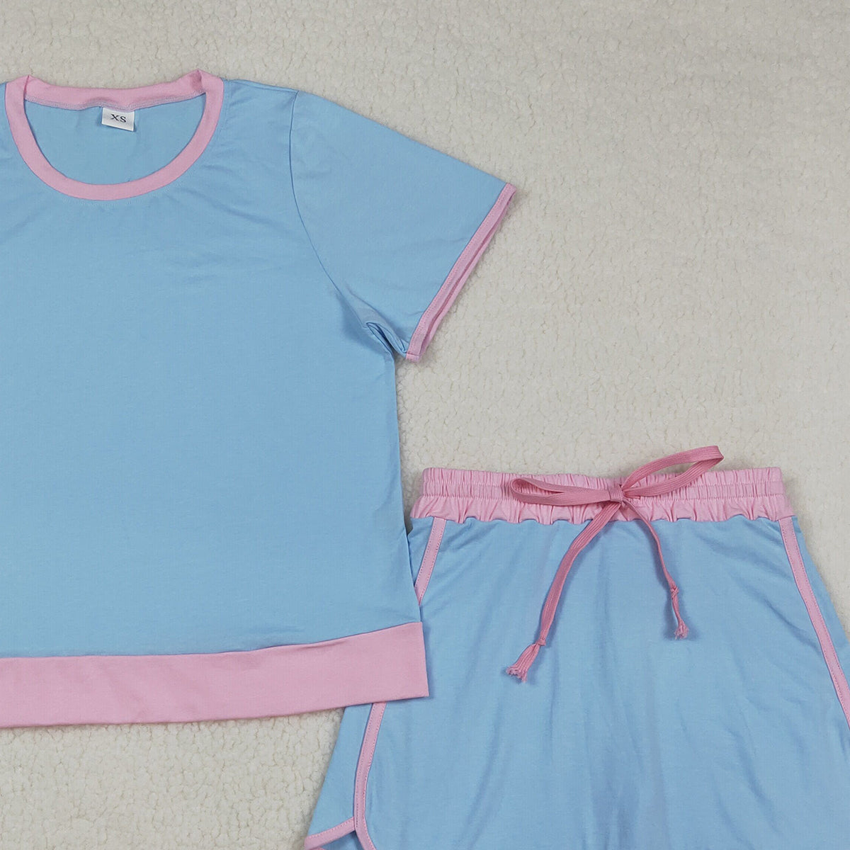 RTS NO MOQ Adult Women Blue Short Sleeve Top Skirt Shorts Cotton Clothes Set