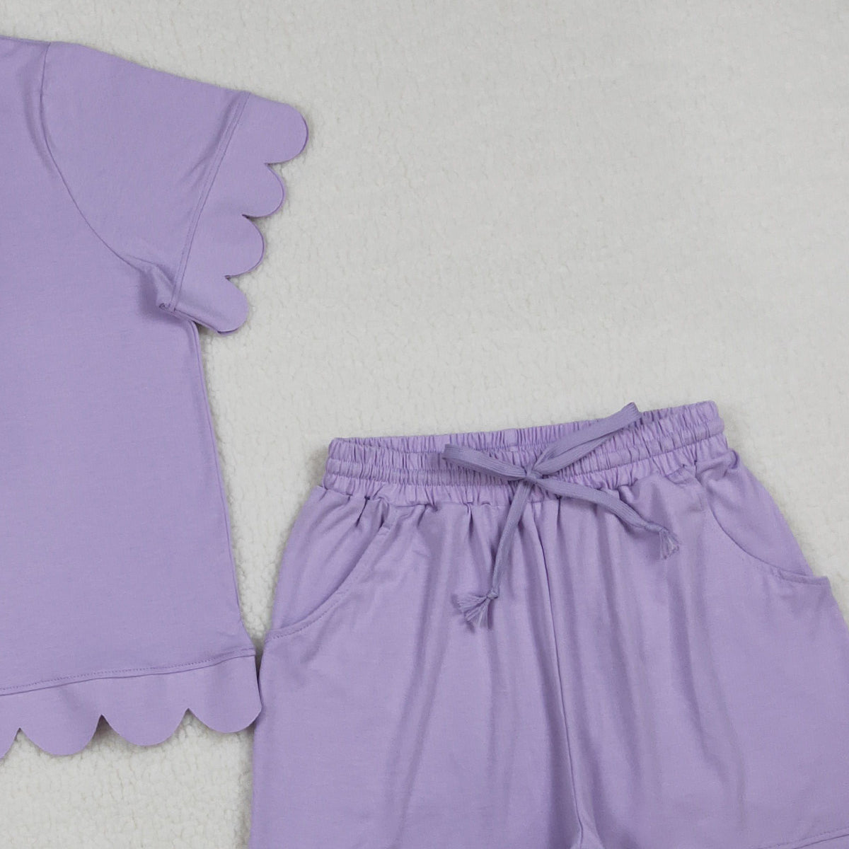 RTS NO MOQ GSSO3199 Adult Women's Lavender Short Sleeve Shirt with Pockets Short Scallop  Clothing Set