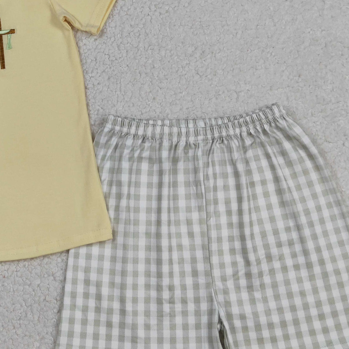 RTS NO MOQ BSSO1717 Embroidery Baby Boys Easter Outfit Crosses Top with Checked Shorts Cute Clothing