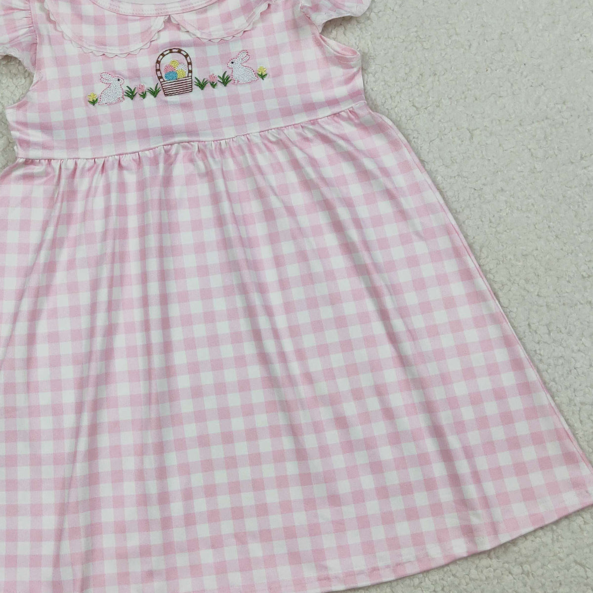 RTS NO MOQ GSD2913 Baby Girls Pink Checked Knee-Length Dress Embroidered Rabbits And Eggs Easter Casual Wear