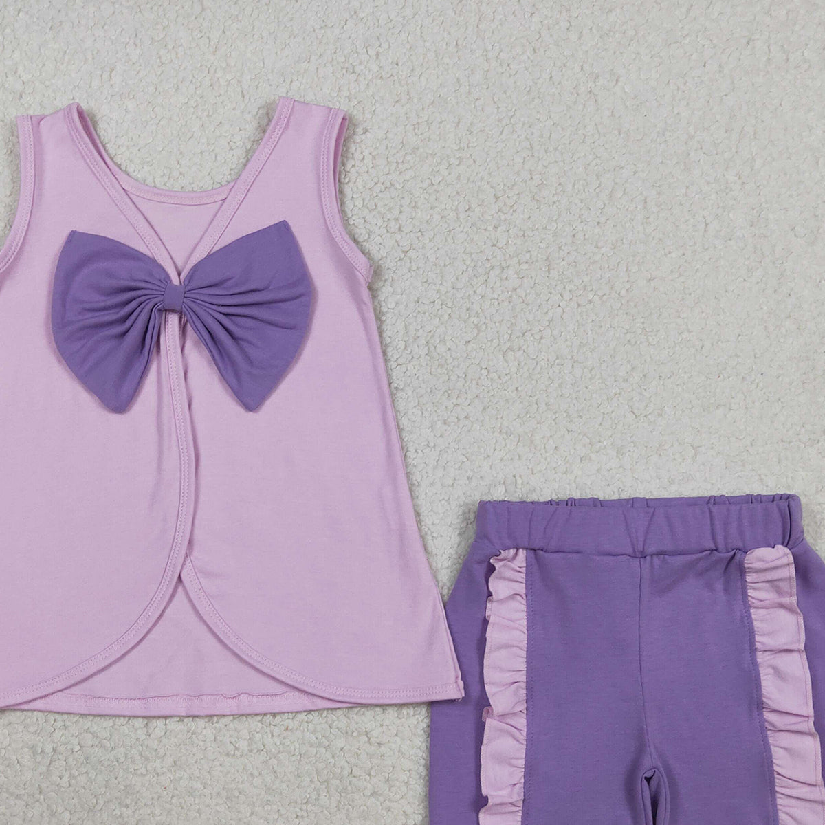 RTS NO MOQ GSSO3461 Baby Girls Lavender Sleeveless Tunic with Back Bows Ruffle Shorts Outfit Set Cute Baby Girl Clothing Set