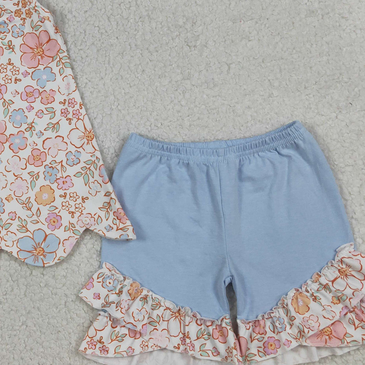 RTS NO MOQ GSSO3393 Baby Girls Sleeveless Colorful Flowers Scallop Tunic Ruffle Shorts Outfit Set