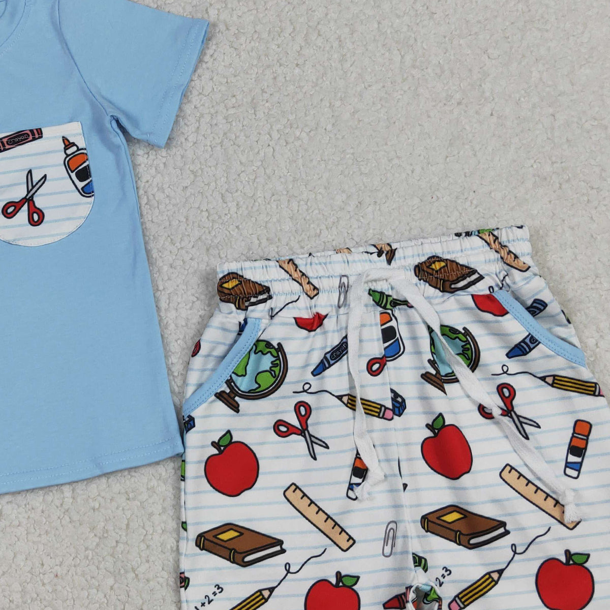 RTS NO MOQ BSSO1921 Baby Boys Back to School Clothes Set with Apples Pencils Top And Shorts