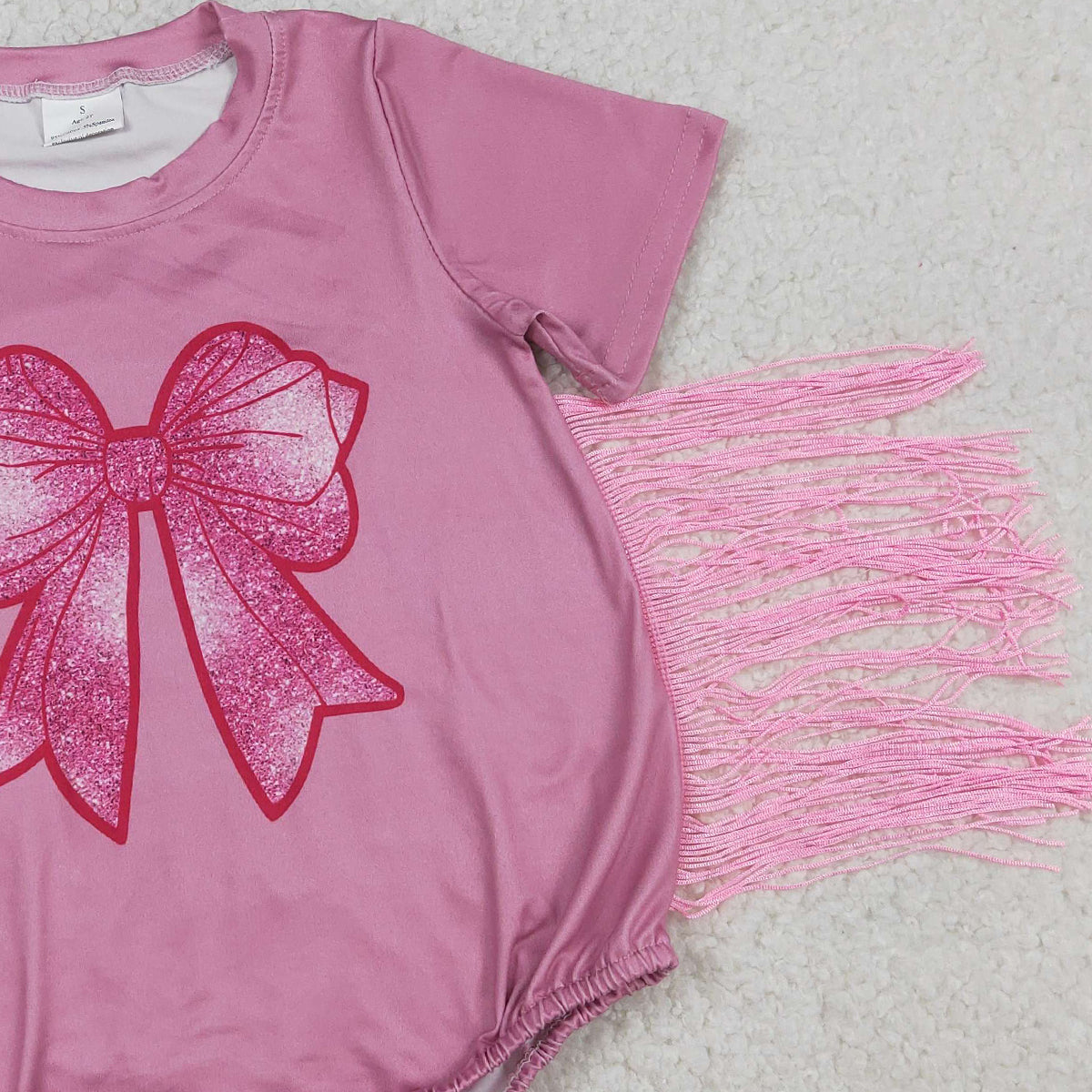 RTS NO MOQ SR3187 Baby Girls Pink Rompers Short Sleeves Bow Print Tassel Ruffle Cute Baby Girl Outfit
