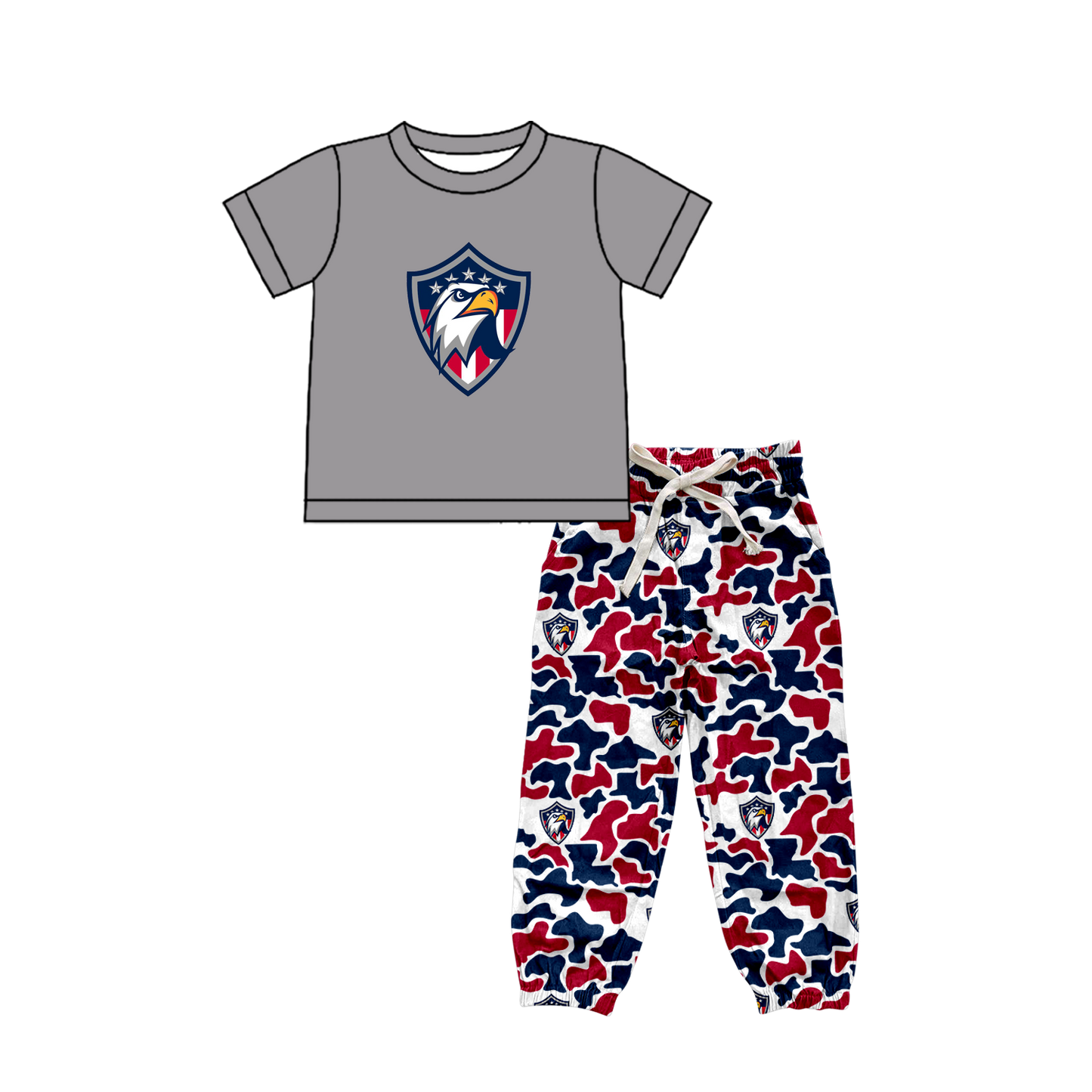 custom moq 5 mix size XY063008 Baby Boys Short Sleeve Top Camo Drawstring Pants Set