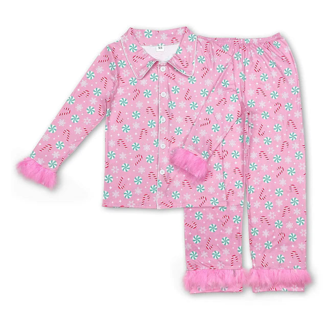 RTS NO MOQ Sibling Adult Women Pink Santa Trees Button Top Pants Christmas Fur Pajamas Set