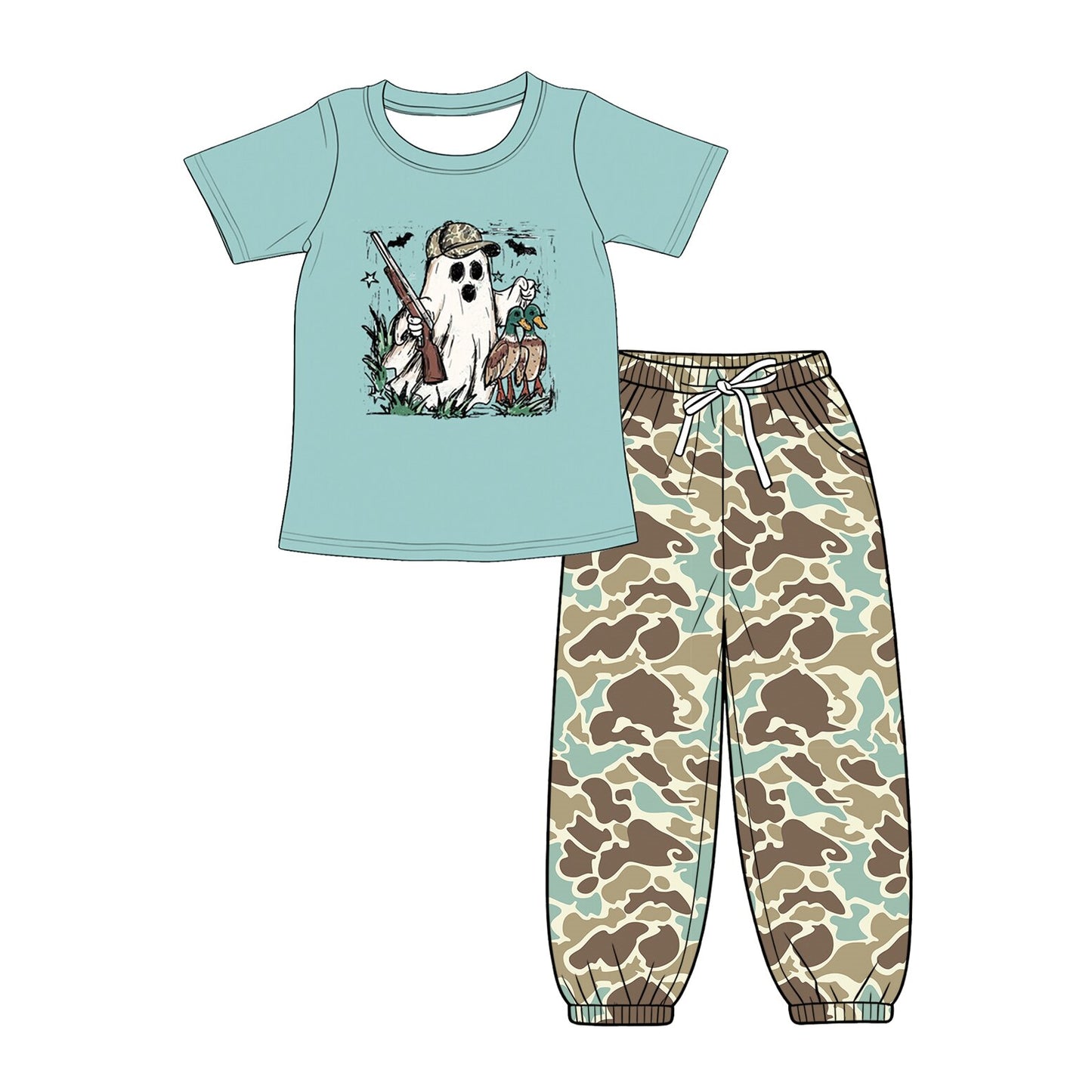 (Preorder new) No moq BSPO0703 Baby Boys Short Sleeve Tee Hunting Ghost Duck Graphic Print Drawstring Camo Jogger Pants Set