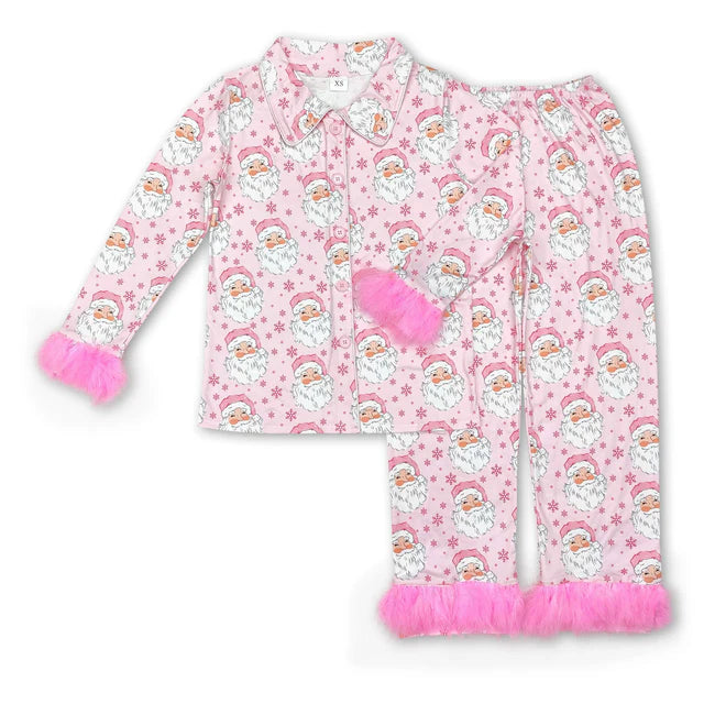 RTS NO MOQ Sibling Adult Women Pink Santa Trees Button Top Pants Christmas Fur Pajamas Set