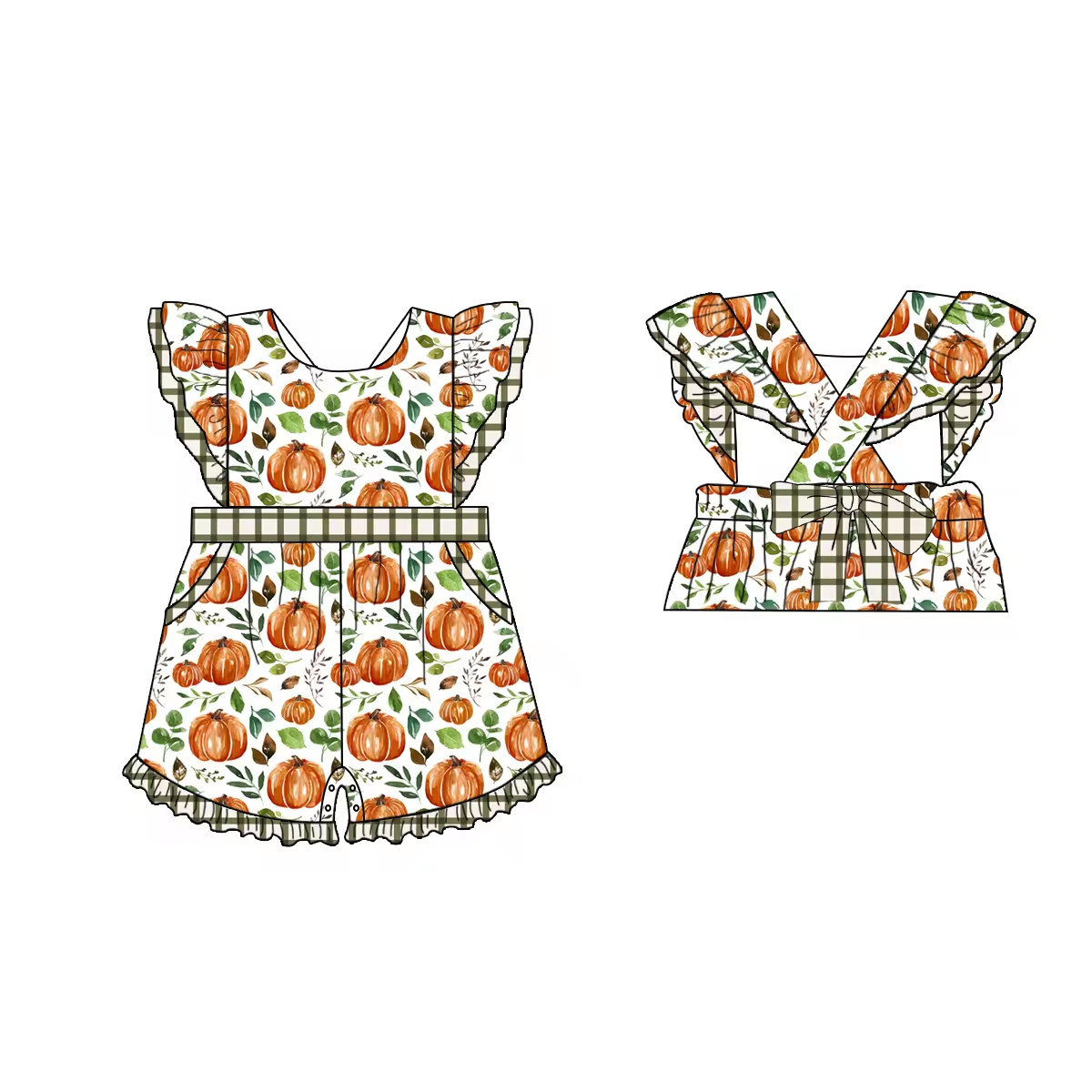 5.10custom each style moq 5eta 4-5week Sibling Sister pumpki prints green girls jumpsuits and dress and baby romper match family design
