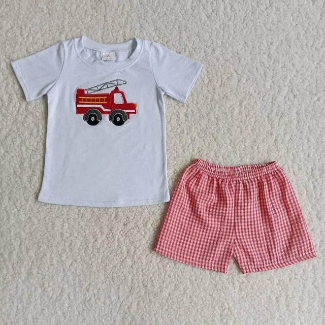 B3-13 Baby boys Firetruck lattice outfits