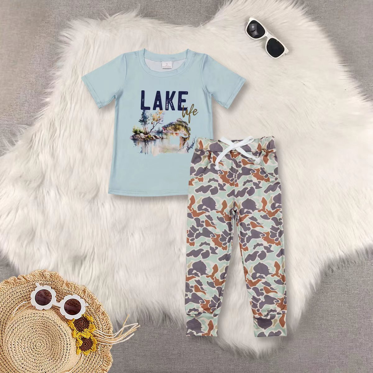 RTS NO MOQ Sibling baby boy clothes camouflage Fishing and Hunting Elk and Duck Beige Short-Sleeved Top