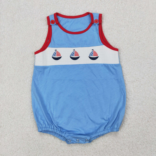 RTS NO MOQ ETA 5/7days Arrived SR2574 smocked Boys National Day Embroidered Sailboat Blue Vest Bodysuit