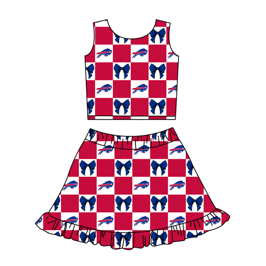 Custom moq 3 or 5 mix size milk silk summer teams baby girl clothes bow blue and red sleeveless skirts sets-26.1.20
